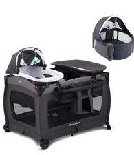 Pamo Babe Deluxe Gray Play Yard, Removable Bassinet, Portable, Foldable, Wheels