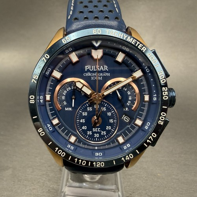 #ad Pulsar Chronograph Watch Men 44mm Blue Dial Rose Gold Tone Date VK63 X001 Newbat $99.99