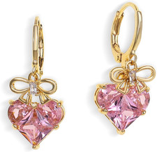 Gold Silver Bow Heart Dangle Drop Hoop Stud Earrings for Women, Trendy Rhineston