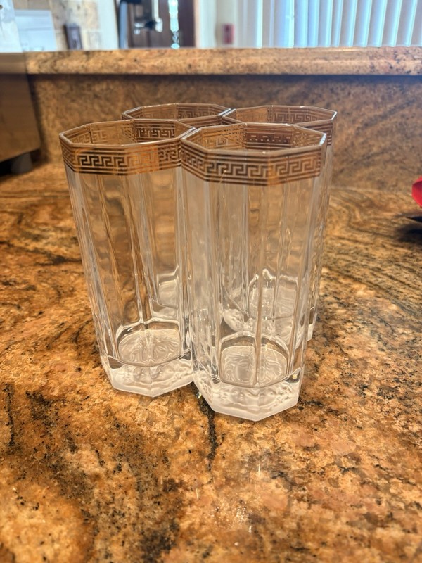 4 Rosenthal Versace Highball Glasses w/ 24K Gold Greek Key Rim Medusa Head Base