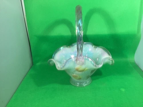 Fenton Tulip Iridescent Glass Basket Hand Painted And Signed By J. Dowler