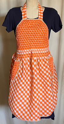 Cute Kitchen Bib Apron Handmade Smocked Cotton Print Bow Tie Orange White o/s px