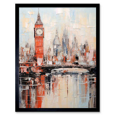 London Skyline Abstract Painting Red Big Ben River Thames Framed Wall Art 12x16