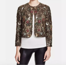 ALICE OLIVIA Kidman Sequin Beaded Cropped Jacket Medium 8 10 Brown Floral M