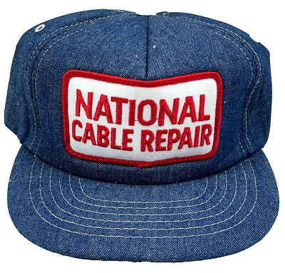 Vintage Denim Trucker Hat Cap Blue Jean Patch 80s National Cable Snap Back Foam