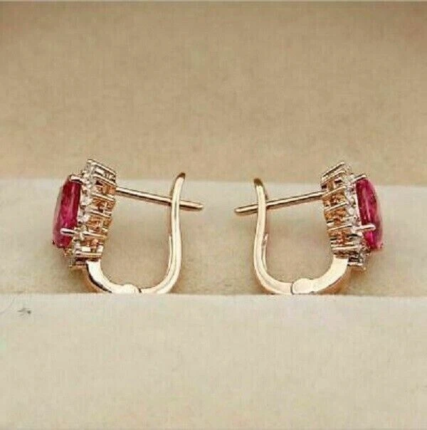 Drop Dangle 4Ct Oval Cut Created Red Ruby Women Earrings 14K Yellow Gold Finish - Image 4 of 4