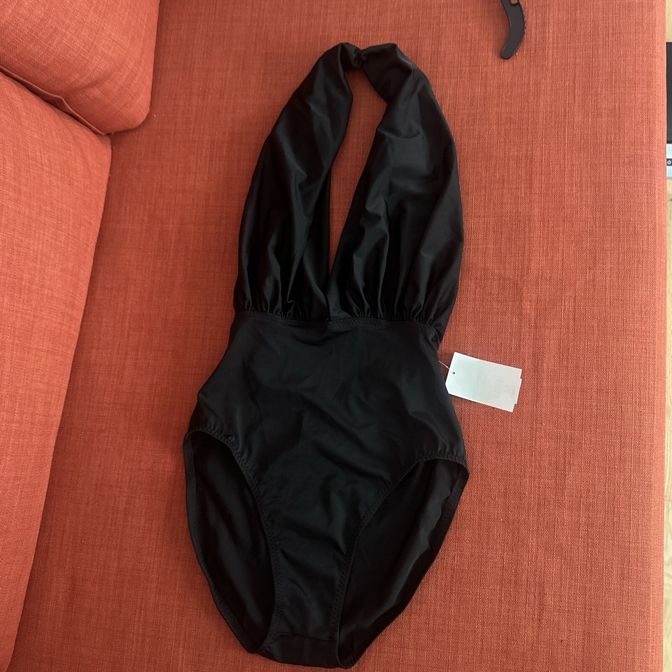 NEW Norma Kamali Womens Halter Low Back Mio One Piece Swimsuit Black