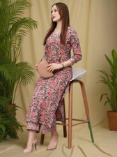 Indian Women purple Cotton Floral Printed Kurta with Pant beautiful co-ord set