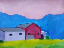 Pink Sky Barn, NH outbuildings homestead, huge red barn 11x14 acrylic original