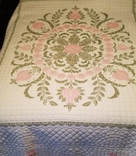 Vintage Stitched Pink Design Cotton Bed Quilt Coverlet Beautiful 