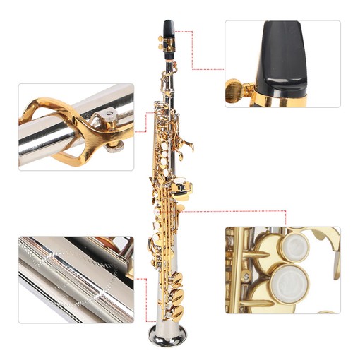 Professional Soprano Straight Saxophone Silver Plated Tube Gold Key Sax Kit set - Picture 7 of 12