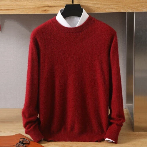Winter Men's Mink Cashmere Round Neck Solid Color Autumn Pullover Warm Sweater - Picture 17 of 40
