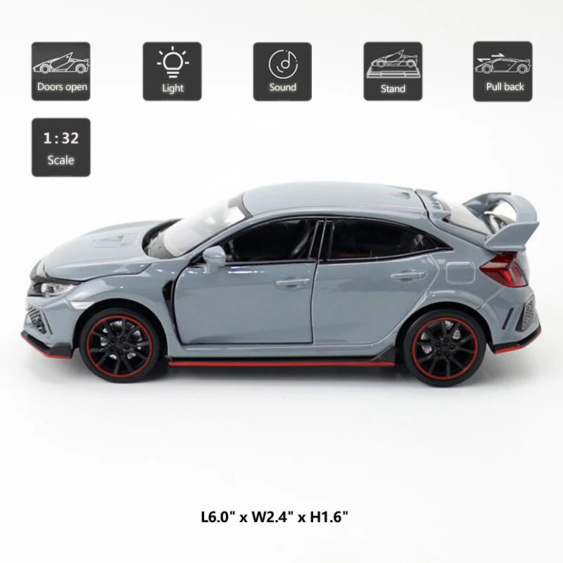 1:32 Honda Civic Tipo R Modelo Coche de Juguete Diecast Vehículo de Juguete con Sonido Claro Gris Foto 2 de 4