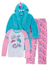Girls 3pc Plush Blue Pink Night Night Dinosaur Pajamas Bath Robe Set