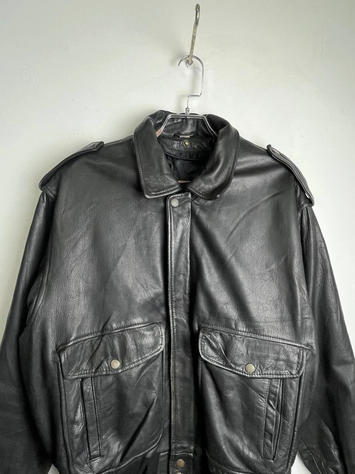 Vintage Real Leather Bomber Jacket Black Epaulettes Size L - Image 2 of 4