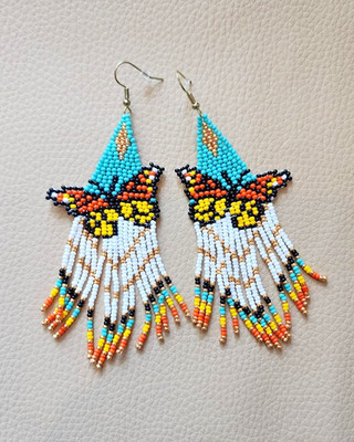 Butterfly Handmade Seed Bead Fringe Earrings - Long Tassel Beaded Earring