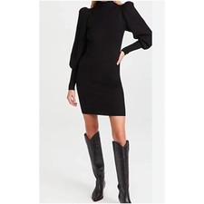 ALICE + OLIVIA Caleb Merino Wool Puff Sleeve Mock Neck Sweater Dress Black Sz XS