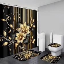 4pcs Shower Curtain Sets with Rugs Golden Flower Bathroom Decor Sets Black