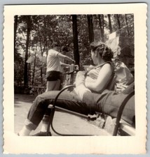 Vtg B&W Snapshot Women Relaxing Cooking Outdoors Camping Woods Backyard Fun