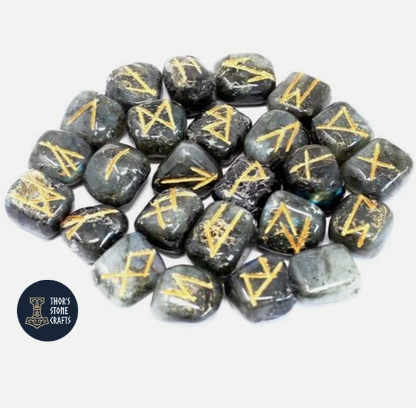 Labradorite Rune Stones Set of 25 – Hand Carved Runes with Pouch
