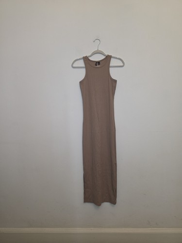 BNWOT Beige Nude Tan Fitted Ribbed Midi Dress Smart Casual Cotton XS Boho Beachy