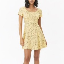 Forever 21 Yellow Rose Print Mini Dress Size S Sundress 90s Cottage Ditsy Floral