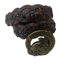 Vintage Harley Davidson Brown Woven Leather Belt Sz S Skull  Roses Buckle