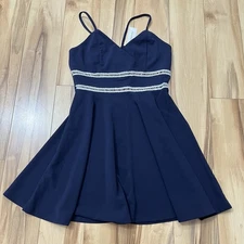 Fit & Flare Navy Dress White Lace Trim Womens Sz M Adjustable Straps Francesca’s