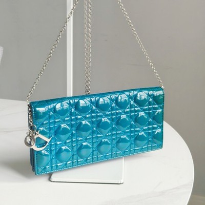 Authentic Dior Cannage Patent Leather WOC Wallet On Chain Dark Green Clutch Bag