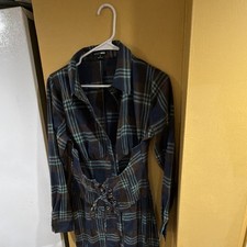 fashion nova blue brown plaid lace up collared long sleeve shirt short dress m