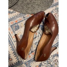 Vintage Gucci Brown Leather Peep Toe Pumps V-Cut Stiletto Heels GG Logo Size 39B