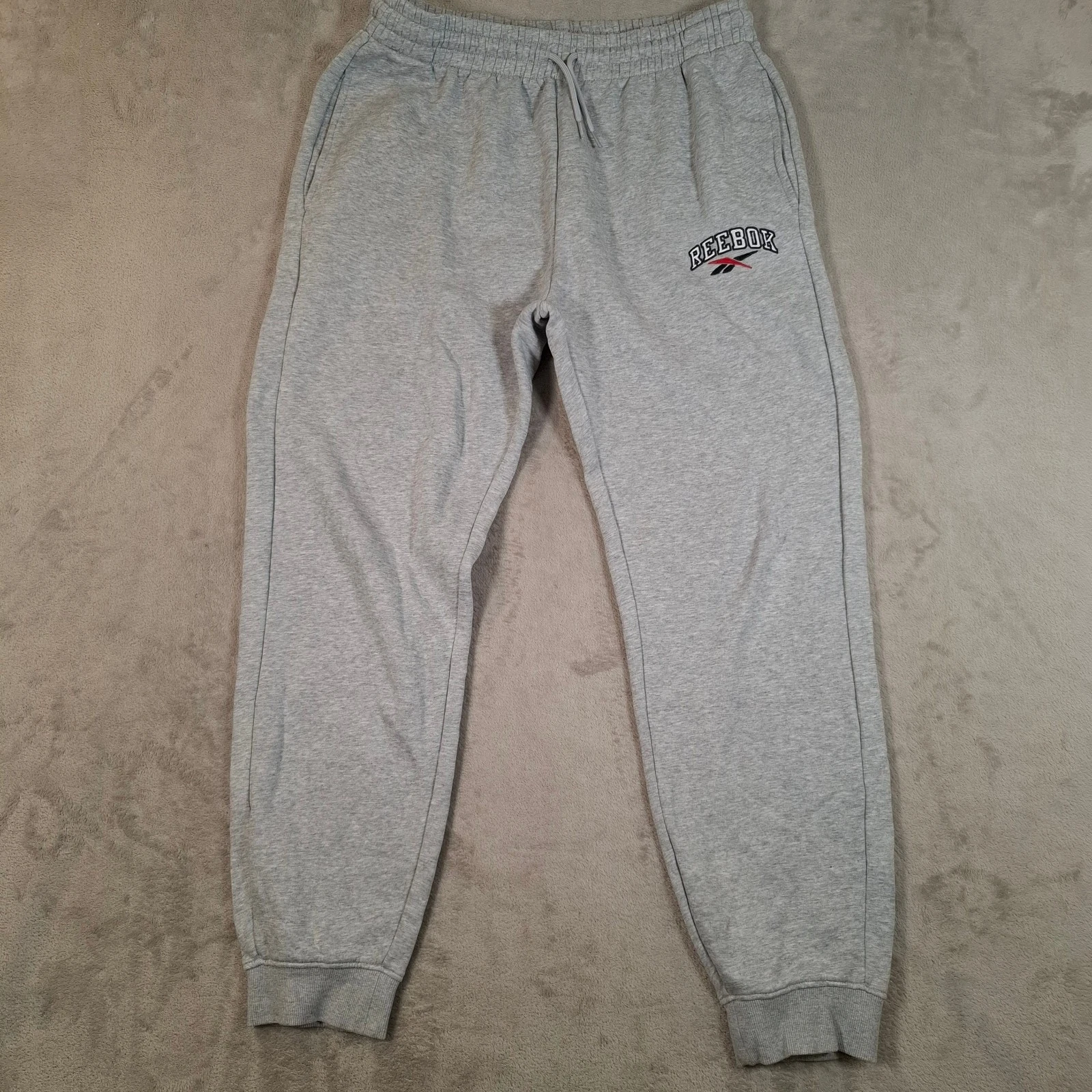 Reebok Joggers Mens Large Grey Logo Fleece Tracksuit Bottoms Cuffed Sweatpants