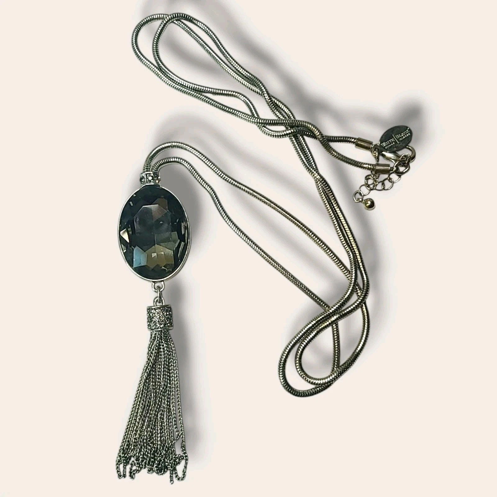 VETEMENTS WHBM Long Silver Tone Gray Grey Rhinestone Tassel Pendant Necklace 32"