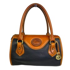 Vintage Dooney Bourke AWL Navy British Tan Leather Barrel Satchel USA