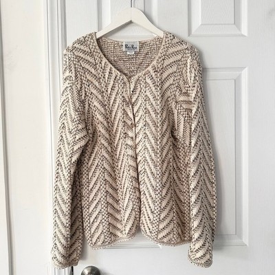 Reba Rose Vintage Beige Gray Chevron Knit Button Cardigan USA Cotton Large Cozy