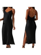 Astr The Label Black Pleated Slip Midi Dress with Side Slit