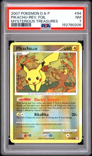 2007 POKEMON DIAMOND & PEARL MYSTERIOUS TREASURES #94 PIKACHU-REVERSE FOIL PSA 7