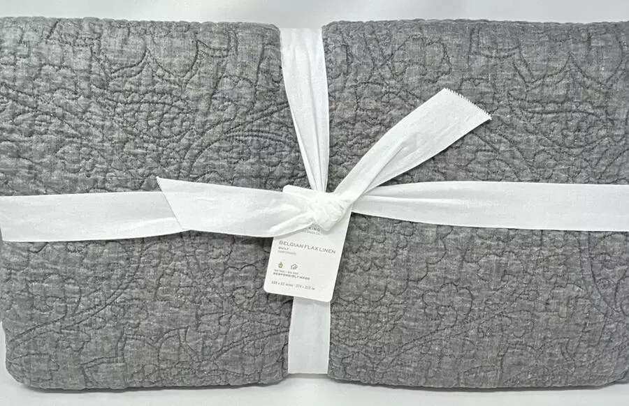 Pottery Barn Belgian Flax Linen Floral Stitch Quilt King Heathered Charcoal Gray