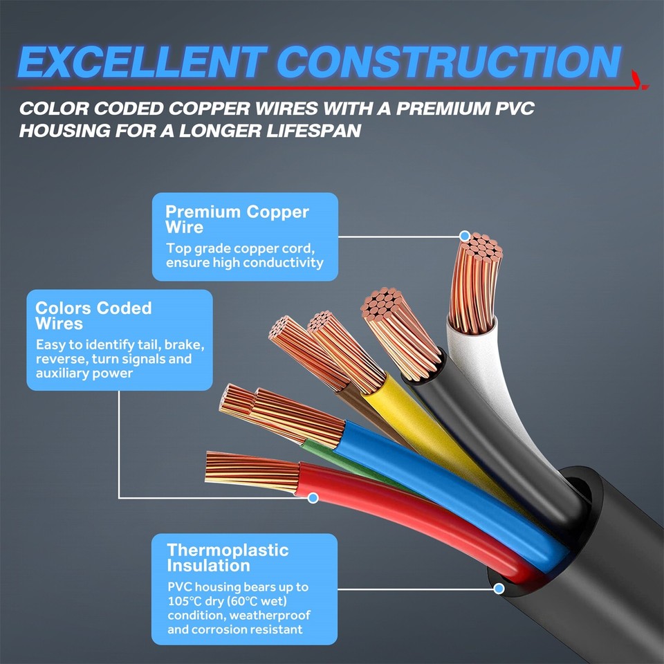 12ft 7 Way Trailer Cord Wire Harness 7Pole RV Blade Towing Plug