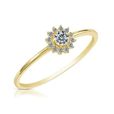 10K Real Solid Yellow Gold Flower Halo CZ Band Ring Dainty Minimal Band Ring