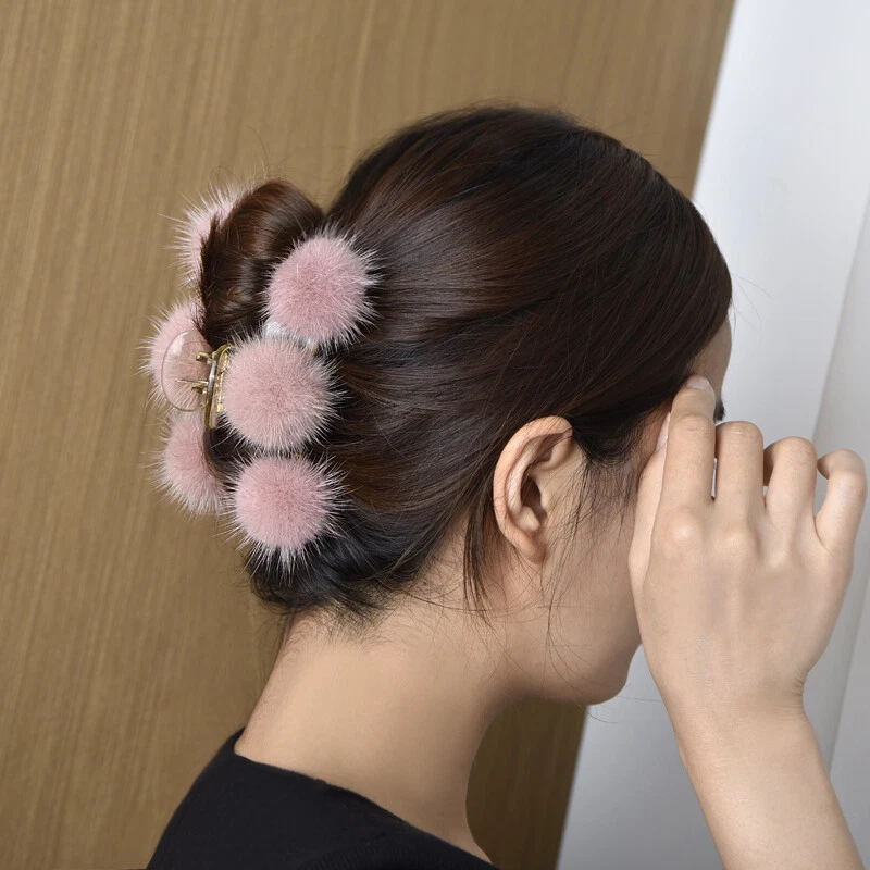 Pinza para el cabello de piel de visón real para mujer horquilla con bola de piel pompón Foto 3 de 4