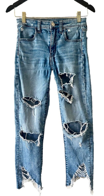 American Eagle Super Stretch Hi Rise Jegging Crop 2 Short Distressed Medium Wash