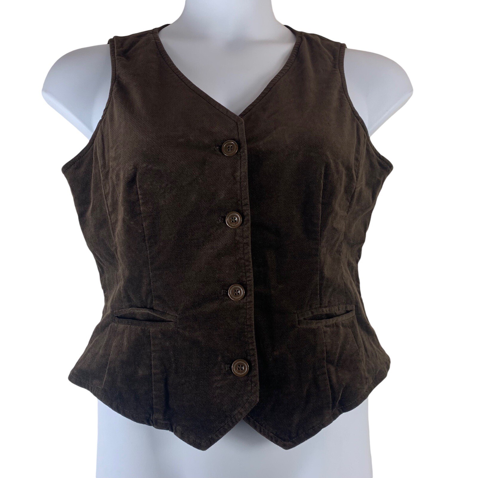 Eddie Bauer Velvet Vest Size petite 6 Brown V Neck Button Front Womens