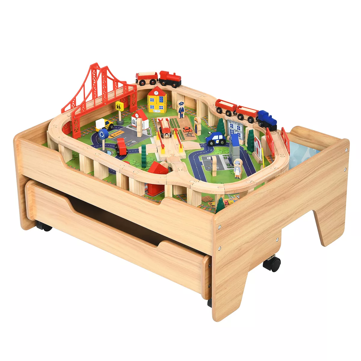 100 PCS Kids Wooden Train Track Railway Set Activity Table W Rolling Drawer