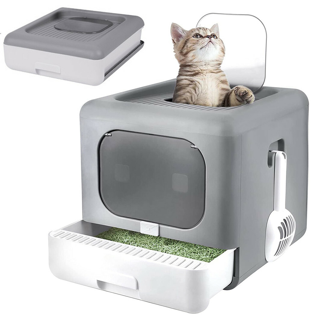Enclosed Dog-Proof Cat Litter Box Foldable with Scoop &Slide Tray