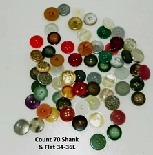 70 Lot Mixed Button 34-36L Shank & Flat 2 & 4 Hole Metal Mix Multicolor