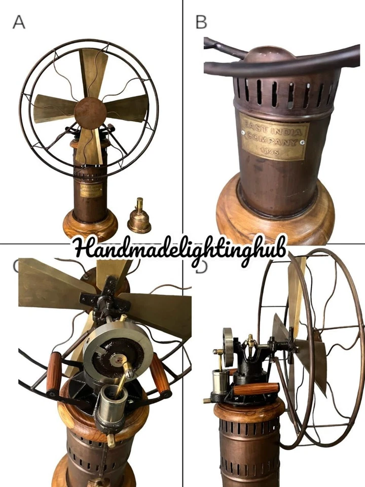 Ventilador de vapor de queroseno que funciona con aceite | Ventilador de mesa o piso retro de latón y madera | 27" Foto 3 de 4