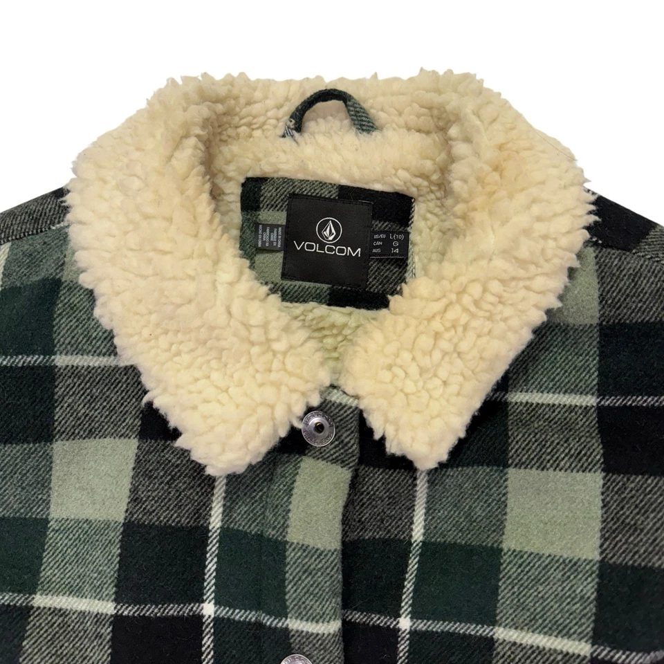Volcom Womens Flannel Weaton Jacket Flannel Coat Sz Large Sherpa Green Black - Image 2 of 4