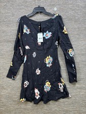 Free People Dress Womens 4 Black Floral Boat Neck Long Sleeve Mini Lined Party