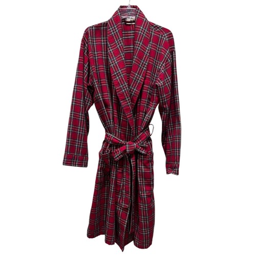 LL Bean Men's Red Plaid Stewart Tartan Cotton Flannel Robe Preppy Cabin Sz L